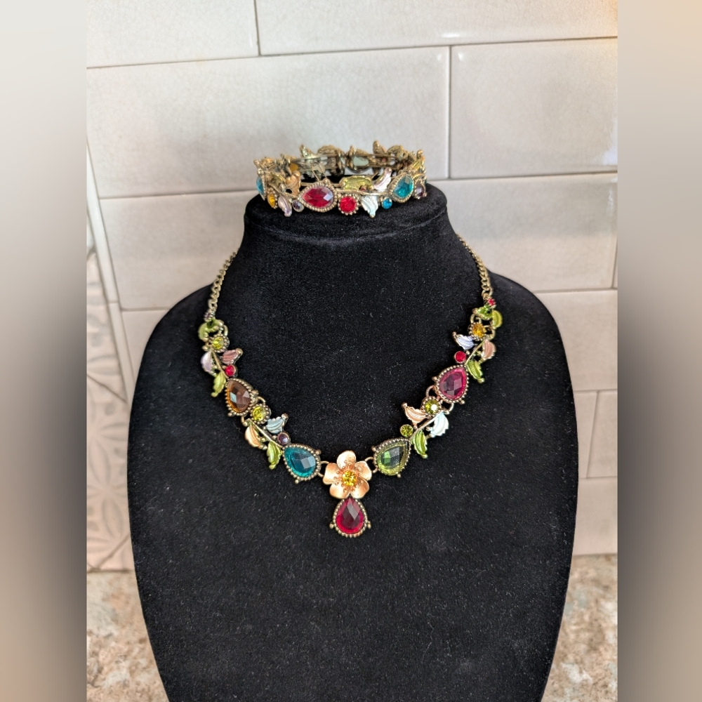 Flower Statement Piece Chunky Multicolored Gold Tone Necklace Bracelet 3-piece